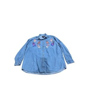 Vintage Lets Quizz Again Denim Shirt Women XL Coffee Cup Embroidery Button Up